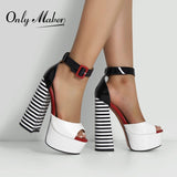kamames Onlymaker Women's Sandals Platform Peep Toe Chunky Square Heels Ankle Strap Sandals Black And White Stripes Party Fashion Shoes