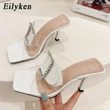 kamames Brand Buckle Crystal Rhinestones Women Slipper Summer Fashion Jelly Square Toe High Heels Party Slide Shoes