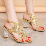 kamames High-Heeled Sandals Women's Water Diamond 2024 Summer New French Girls' Gentle Shoes Thick-Heeled Leather Crystal Wedding Shoes