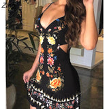 kamames V Neck Floral Print Ruffles Hem Spaghetti Strap Bodycon Women's Mini Dress Cut out Waist Sexy Robes Vetement Femme 2023