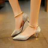 kamames Women Summer 2024 New Korean Version Of The Pearl One-Word Buckle Pointed Sexy Stiletto High-Heeled Shoes