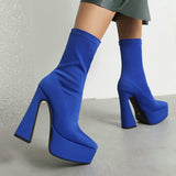 kamames Blue Women Ankle Boots 2022 Stretch Fabric Platform Square High Heel Punk Boots Pointed Toe Autumn Winter Ladies Shoes