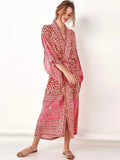 kamames Tropical Printed Reddish Orange Ankle Length Beach Wear Kimono Dress Fashion Women Swimwear Chiffon Tunic pareos Q590
