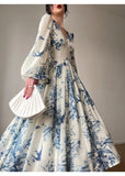 kamames Vintage Floral Print Midi Dresses for Women 2023 New Summer Elegant Party V-Neck Lantern Sleeve Casual Female Clothing