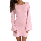 Zingj Women Knitted Dress Casual Solid Color Backless Long Sleeve Mini Party Dress for Beach Cocktail Club Streetwear