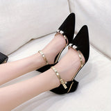 Breathable Crystal-Embellished Block Heels - Pointed Toe with Ankle Strap, Versatile Summer Comfort for Elegant Style