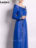 kamames Spring Autumn Cool Blue Pu Leather Maxi Biker Dress Women Zipper Belt Off Shoulder Elegant Luxury Designer Clothing 2023