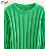 Zingj New Women Fashion Green Color Rib Knitting Dress Female Basic O Neck Long Sleeve Casual Slim Vestidos DS2656