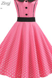 kamames Women Pink Polka Dot Elegant Party Dress Retro Vintage 50s 60s Pin Up Rockabilly Dress Casual Robe Femme