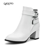 kamames Women Boots Square High Heel Ankle Boots Fashion Pointed Toe Buckle Winter Zipper Boots Female Shoes Black White Beige