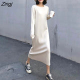 kamames Women Long Sleeve Dresses Midi Dress Elegant Ribbed O-neck Straight Korean Style Trendy Simple High Elasticity All-match Knitted