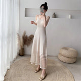 kamames Knitted Camis Dress Women Korean Fashion Slim Mesh A Line Long Dress Female Elegant Sleeveless Elastic Base Sundress New