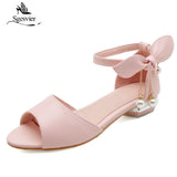kamames SGESVIER Ladies Low Heel Sandals 2018 New Summer Peep Toe Buckle Strap Bowtie Shoes Woman Party Shoes White Blue Pink B12