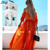 kamames Long Dress Women Off Shoulder Chiffon Dress Lace-up Solid Color Ruffle Beachwear Blue/Orange