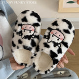 Women's Shoes Flocky Fur Cartoon Animal Dairy Cow Desgin Slippers for Woman Fluffy Upper Antislip House Flat Slide