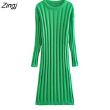 Zingj New Women Fashion Green Color Rib Knitting Dress Female Basic O Neck Long Sleeve Casual Slim Vestidos DS2656