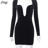 kamames 2022 Sexy Low Chest Women Dress Black Long Sleeve High Waist Elegant Dress Female Autumn Skinny Party Clubwear Vestidos