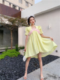 kamames Yellow Puff Sleeve Patchwork Organza Babydoll Dress Korean Fashion Short Sleeve Kawaii Cute Designer Summer Dress Women