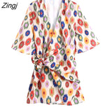 kamames New Women Vintage Cross V Neck Geometric Print Bow Tied Slim Mini Dress Female Short Sleeve Casual Kimono Vestidos DS8691