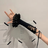 kamames Women's Y2K 2000s Fingerless Gloves Cross Tie-up Elbow Length Arm Warmers Sleeves Lolita Costume Accessories