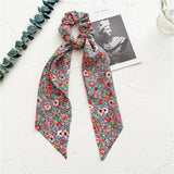 Korean Bow Long Ribbon Hair Scrunchie Chiffon Floral Print Sweet Elastic Hair Band Ponytail Hair Scarf Hair Tie Hair Accessories