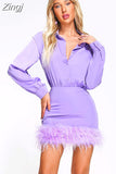 kamames Women Lapel Collar Long Sleeve Feathers Mini Dress Elegant Purple Orchid Feather High Waist Bodycon Dress Evening Club Party