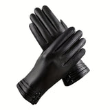 Velvet Lined Elegant Gloves for Women - Warm, Waterproof, Touchscreen, Split Finger, PU Leather with Decorative Buttons - Perfect for Autumn and Winter