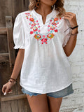 Plus Size Floral Embroidery Blouse - Chic Casual Mandarin Collar Lantern Sleeve Top with Delicate Floral Details, Perfect for Spring & Summer, Designed for Plus-Size Womens Clothing