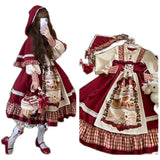 kamames Christmas Lolita Dress Kawaii Women New Year 2024 Sweet Lace Ruffle Patchwork Puff Long Sleeve Red Princess Plaid