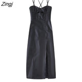 kamames 2022 Women Sexy Thread Stitching Hole Spaghetti Strap PU Leather Slim Midi Dress Female Back Zipper Split Vestidos DS2533