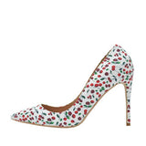 kamames Cherry Print Sexy Pumps 12 cm High Heels Woman Shoes Party Wedding Shoes Pointed Toe PU Leather White YG007 ROVICIYA