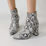 kamames Zipper Women Boots Snake Print Ankle Boots Female Square Heels Sexy Pointed toe Ladies Shoes Footwear Chelsea Boots