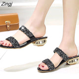 kamames Sequin Slippers Women Summer Luxury Golden Square Heel Party Shoes Slides Woman Open Toe Med Heels Beach Shoes