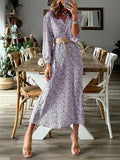 kamames Summer New Long-sleeved Printed Dress Female V-neck Slim Waist Waist Long Skirt Bohemian Dress Female Office Lady Robe