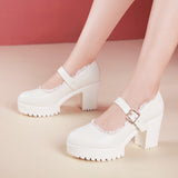 kamames Style High Heels, Thick Heels, Round Head Walking Shoes, Women's Thick Soles, Waterproof Platform, Cheongsam Models, Large Size Single Shoes, Black Performance Shoes.