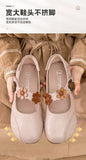kamames kamames Round-Headed Single Shoes, Soft Leather, Retro Flowers, Mother's Shoes, Soft Leather, Shallow Mouth, Large Size Cover, Comfortable Grandma Shoes