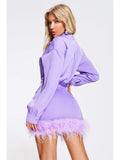 kamames Women Lapel Collar Long Sleeve Feathers Mini Dress Elegant Purple Orchid Feather High Waist Bodycon Dress Evening Club Party