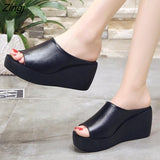 kamames Women Sandals 7.5cm Platform Wedges Women's Shoes Thick Heel Open Peep Toe Sandals Leather Summer Style Slide Black Shoes