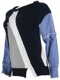 Chic Denim Patchwork Top with Stretch for Comfort - Long Sleeves & Round Neck for Versatile Styling, Perfect for Casual Wear