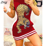 Zingj Women Sexy Daily Wear O Neck Cute Tiger Animal Print Short Sleeve Casual Summer Vintage Mini Bodycon Party Dress