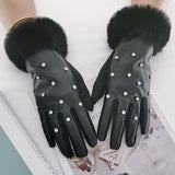 Thick Soft Plush Cuff Gloves Rhinestone Decor PU Leather Gloves Autumn Winter Windproof Touchscreen Gloves