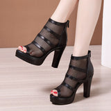 kamames Thick-Heeled Sandals Women's 2023 Summer New Net Gauze Fish Mouth Shoes Women's Waterproof Table Hollowed-Out Roman Sandals