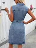 Women's Sleeveless Denim Dress With Belt, Elegant Long Jean Dress, Casual Summer Dress With Pockets, Front Button-Down Design, Fashion Streetwear