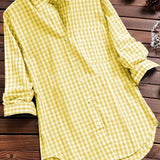 Plus Size Womens Lapel Collar Plaid Gingham Print Casual Long Sleeve Shirt - Soft Non-Stretch Polyester Fabric, Woven Construction, Perfect for Spring and Fall Seasons