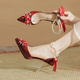 kamames kamames Flower Bow Pearl Chain Waterproof Platform Heel Heels Not Tired Wedding Shoes High Heels