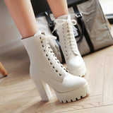 kamames Women Lacing High Heel Ankle Boots Platform Female Boots Shoes Round Toe Ladies Party Shoes Rubber Sole Promotion Black White