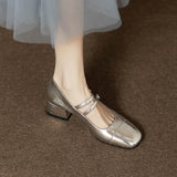kamames Silver Mary Jane Shoes 2024 Spring And Autumn Thick Heels With One Word Buckle Shallow Mouth Heel Single Shoes