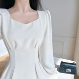 kamames Vintage White Midi Dresses for Women 2023 New Autumn Elegant Fashion Square Neck Long Sleeves Bride Wed Female Clothing