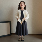 kamames Autumn Kids Girls Beige Grey Simple Casual Patchwork Princess Elegant Long Sleeve Dresses Korean Style