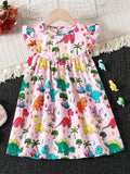 Girls Adorable Dino Graphic Flutter Sleeve Dress - Perfect for Summer Parties & Outdoor Fun - A Delightful Gift Option